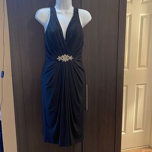 London Times Black Cocktail Dress w front draping, empire waist, halter top SZ6